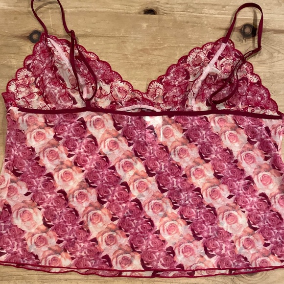 DKNY pink burgundy floral flowy mesh rose embroidered camisole L (12-14) - Picture 2 of 8